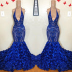 Robe de bal sirène bleu roi à fleurs et sequins, col en V