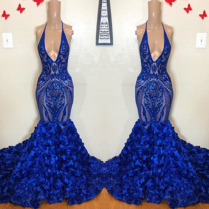 Robe de bal sirène bleu roi à fleurs et sequins, col en V