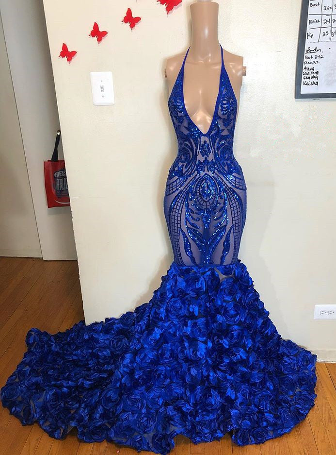 Robe de bal sirène bleu roi à fleurs et sequins, col en V