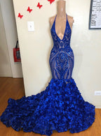 Robe de bal sirène bleu roi à fleurs et sequins, col en V