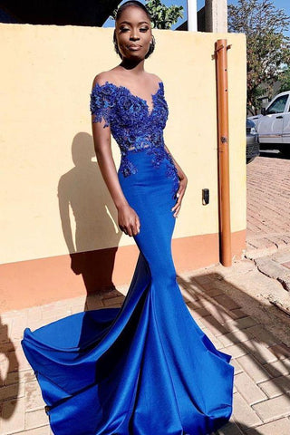 Royal Blue Off-the-shoulder Mermaid Prom Dresses with Lace Appliques and Chapel Train