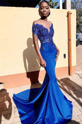 Royal Blue Off-the-shoulder Mermaid Prom Dresses with Lace Appliques and Chapel Train