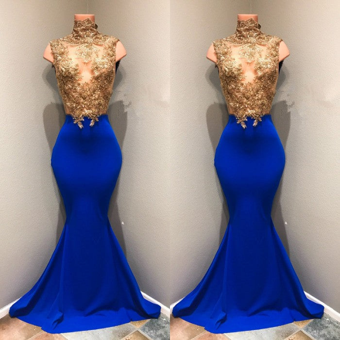 Vestido de fiesta azul real con apliques de encaje 