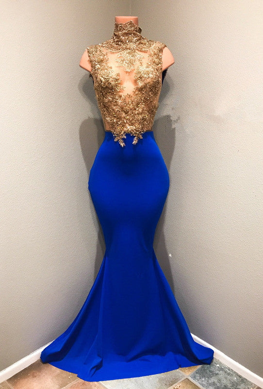 Vestido de fiesta azul real con apliques de encaje 