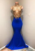 Vestido de fiesta azul real con apliques de encaje 
