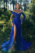 Royal Blue Sequins Mermaid Evening Dress Split Long Sleeves