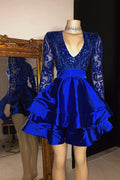 Robe de soirée bleu roi à col en V, manches longues, longueur genou, coupe trapèze 