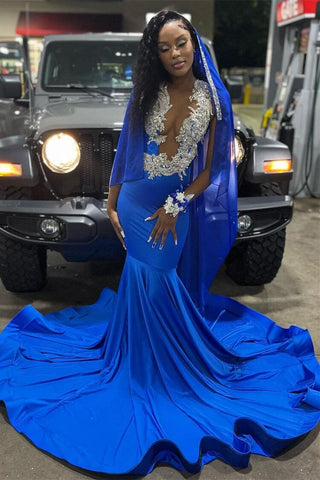 Royal Blue V-Neck Mermaid Prom Dresses With Beadings