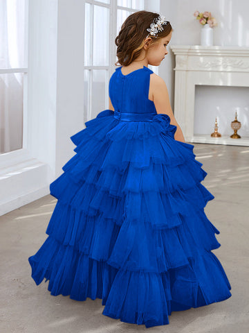 Robe de bal/robe de princesse rose perle sans manches en tulle avec nœud pour demoiselle d'honneur 