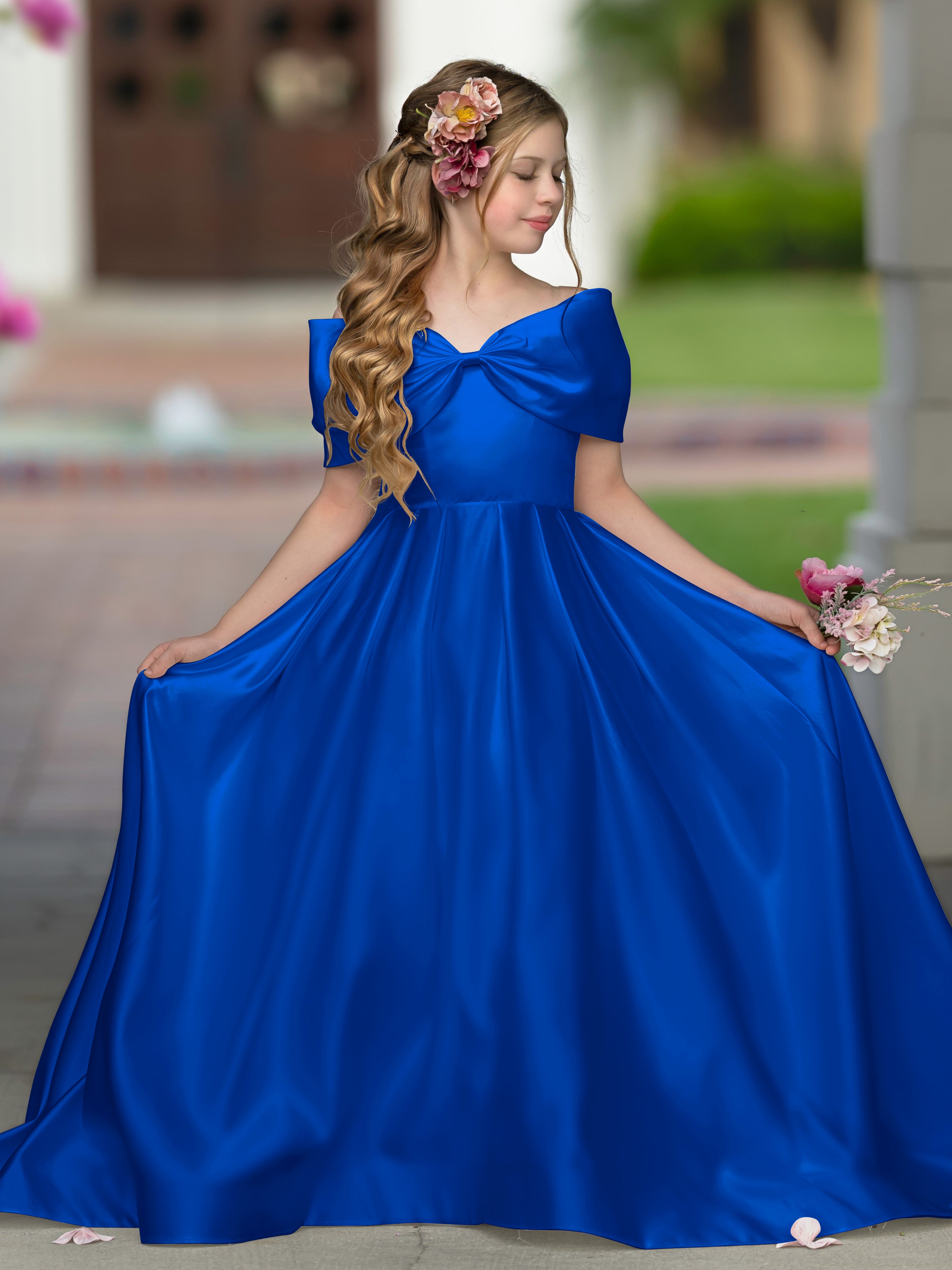 Robe de bal princesse élégante en satin ivoire avec traîne et nœud pour demoiselles d'honneur 