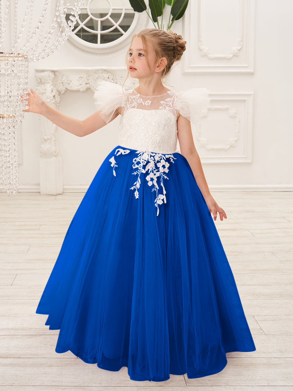 Vestido de niña de las flores con cola de tul y encaje desmontable 