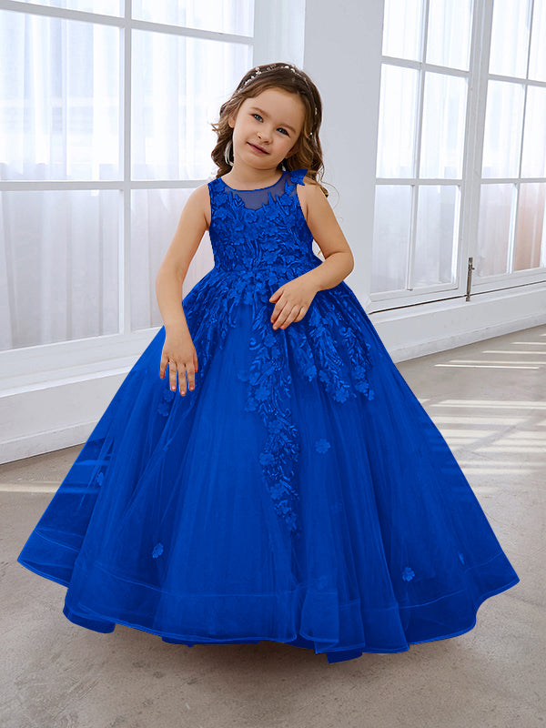 Vestido de princesa rosa para niñas con apliques de encaje 