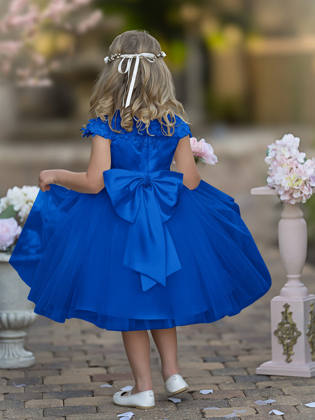 Vestido de niña de las flores de la Primera Comunión, color marfil, de tul satinado hasta la rodilla 