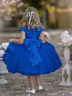 Vestido de niña de las flores de la Primera Comunión, color marfil, de tul satinado hasta la rodilla 