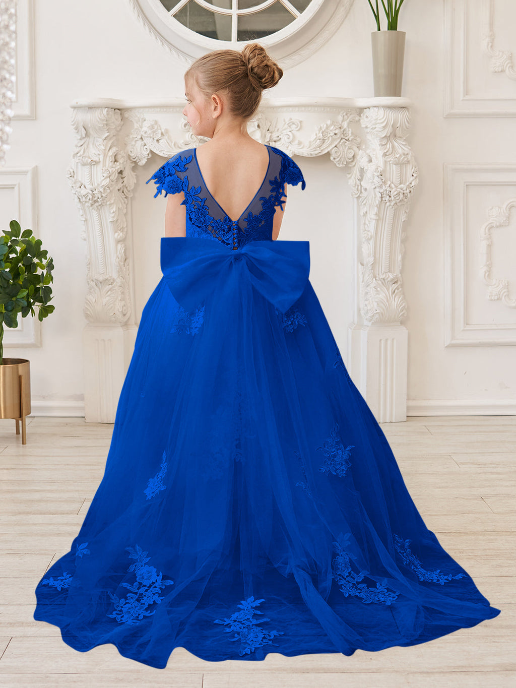 Vestido de niña de las flores para la Primera Comunión, color marfil, con cola desmontable estilo princesa. 