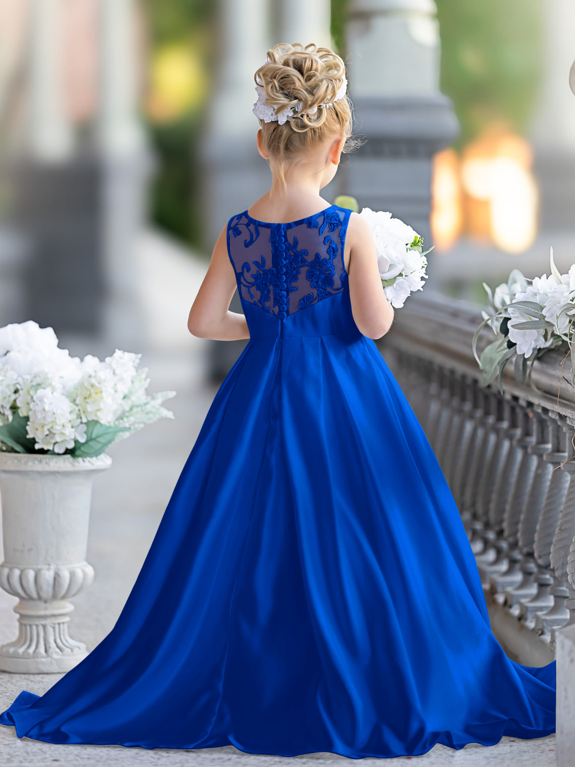 Vestido de niña de las flores para la Primera Comunión, corte en A, encaje y satén, hasta el suelo 