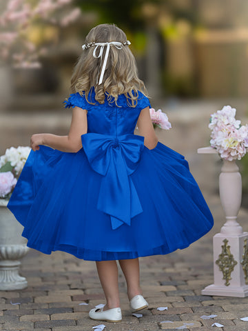Vestido de niña de las flores de la Primera Comunión, color marfil, de tul satinado hasta la rodilla 