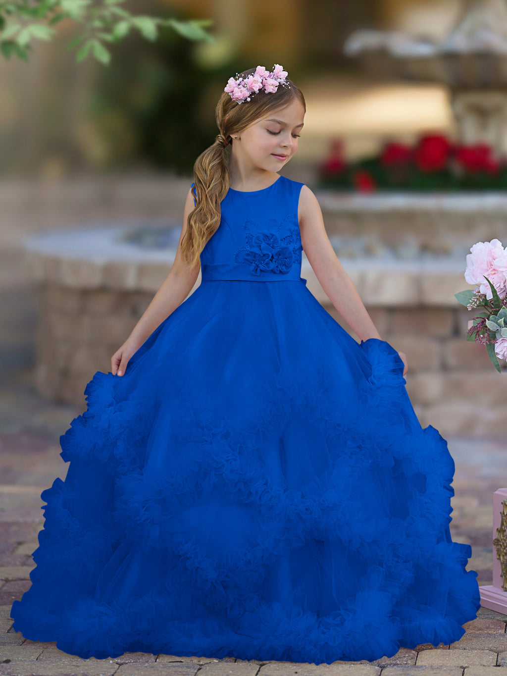 Vestido de niña de las flores de corte A, de satén y tul, hasta el suelo, con volantes en cascada. 