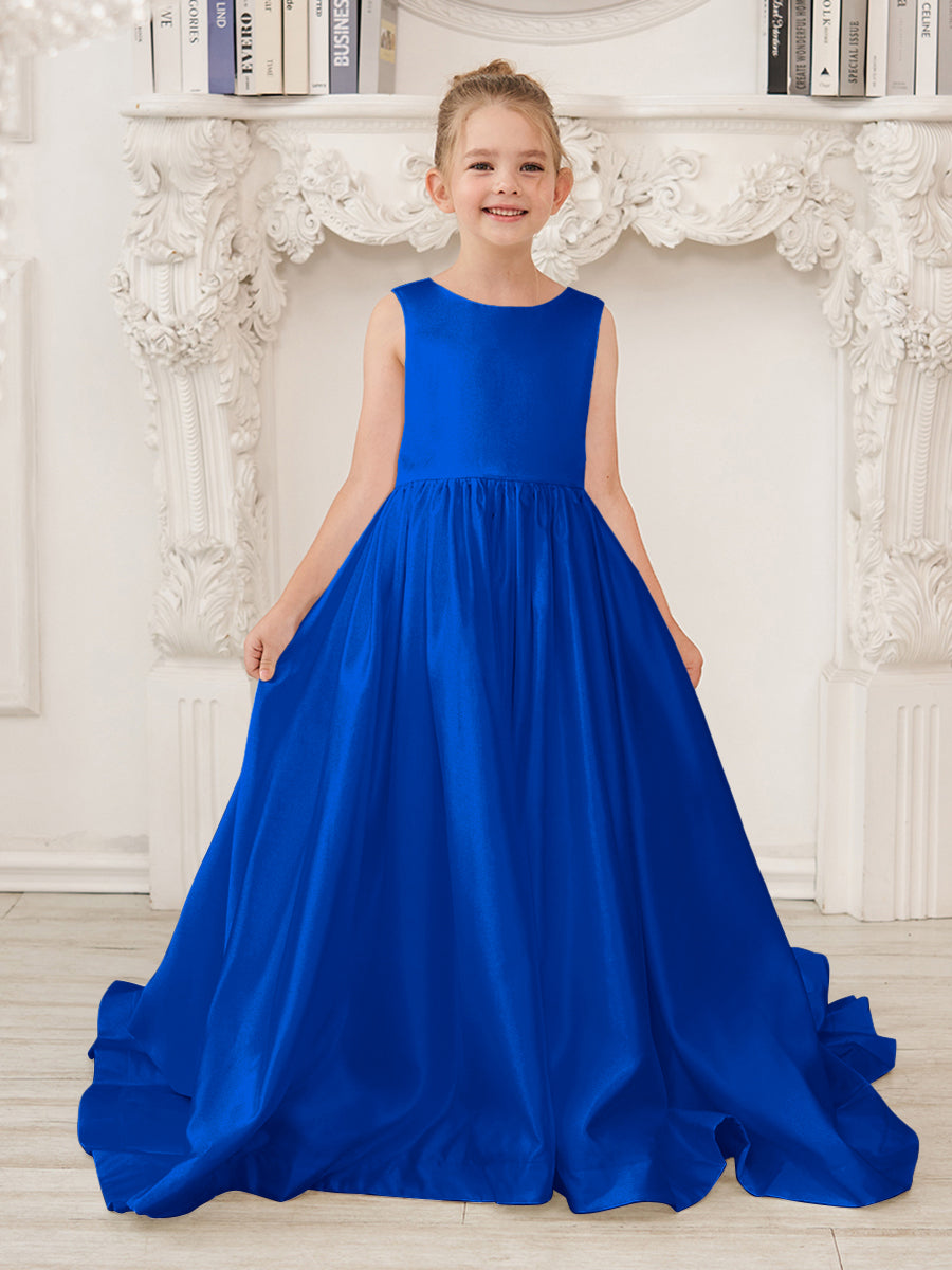 Vestido de niña de las flores de satén sin mangas, corte princesa, con cola y lazo. 