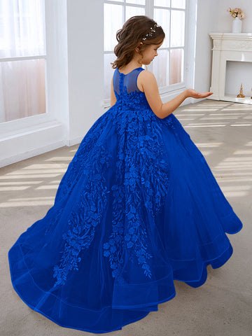 Vestido de princesa rosa para niñas con apliques de encaje 