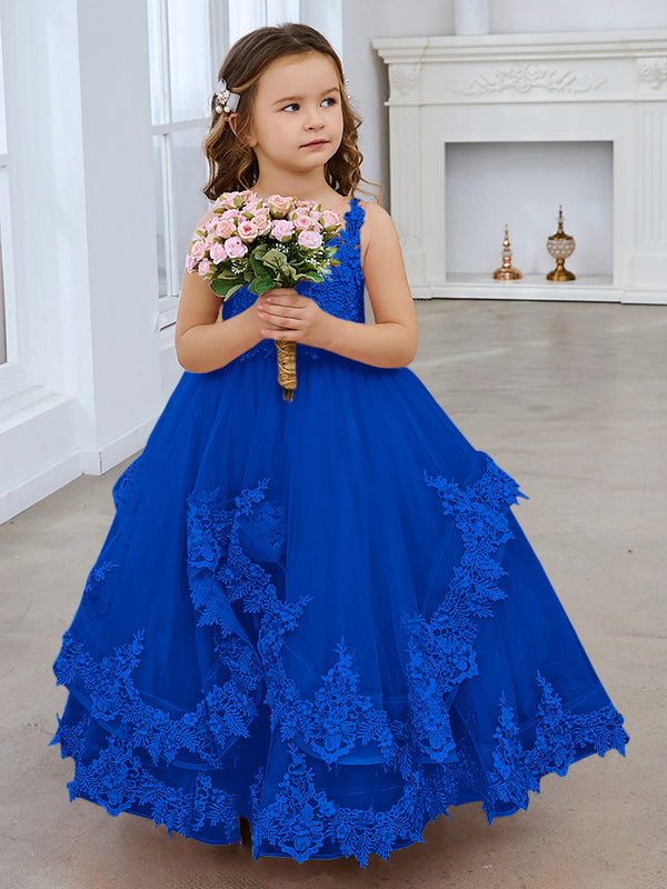 Vestido de princesa sin mangas de tul con apliques de encaje y cola corta para niñas 