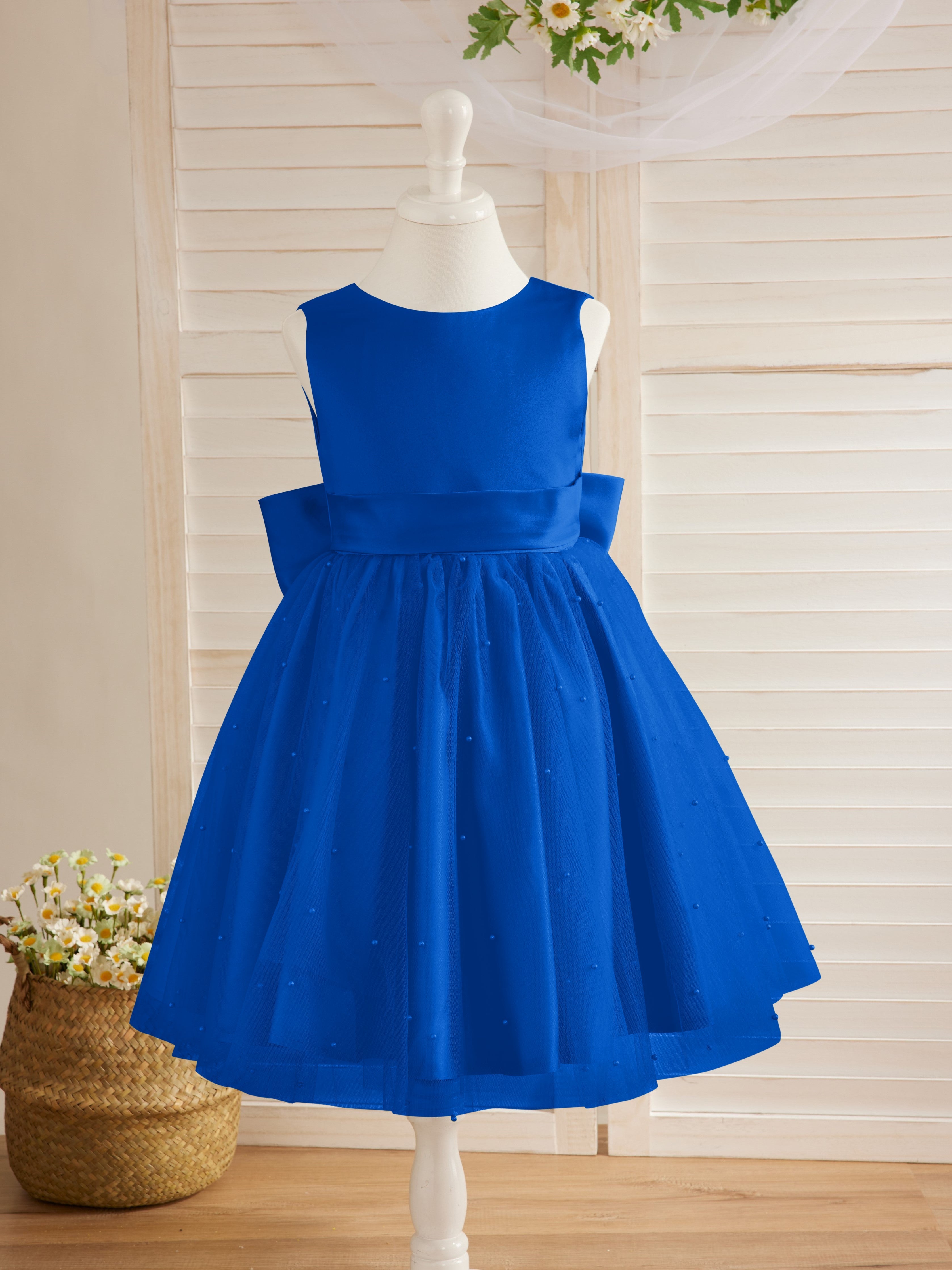 Vestido de princesa/vestido de princesa de satén y tul hasta la rodilla para niña de las flores 