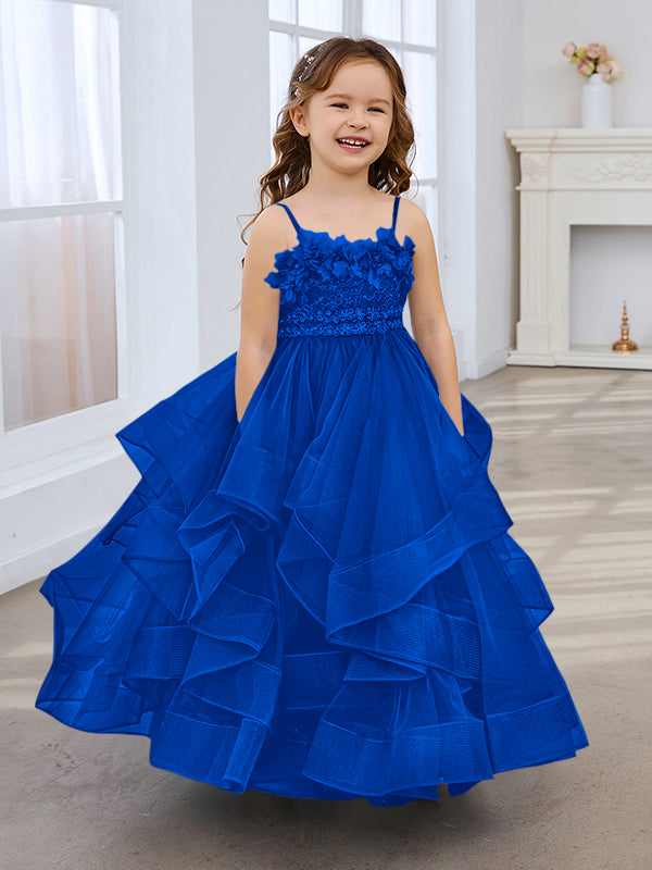 Vestido de niña de las flores de tul sin mangas, corte princesa, azul pizarra, corte en A, estilo princesa 