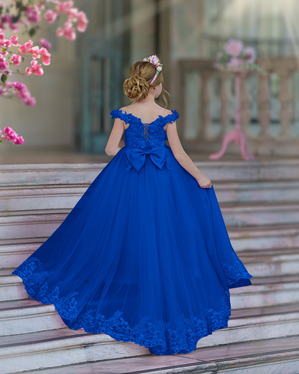 Vestido de gala/princesa rosa con cola de encaje para cumpleaños 