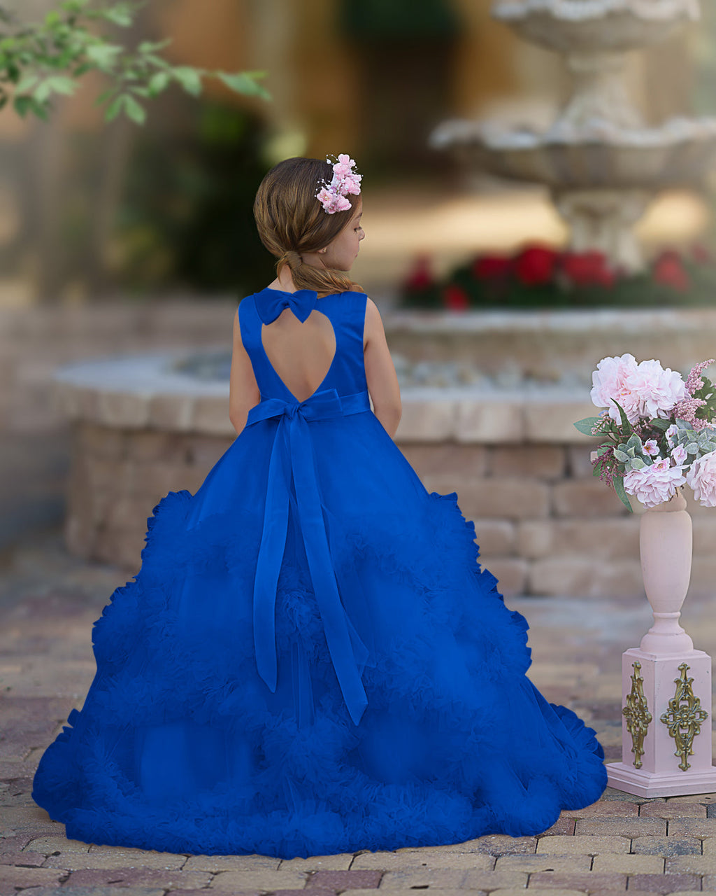 Vestido de niña de las flores de corte A, de satén y tul, hasta el suelo, con volantes en cascada. 