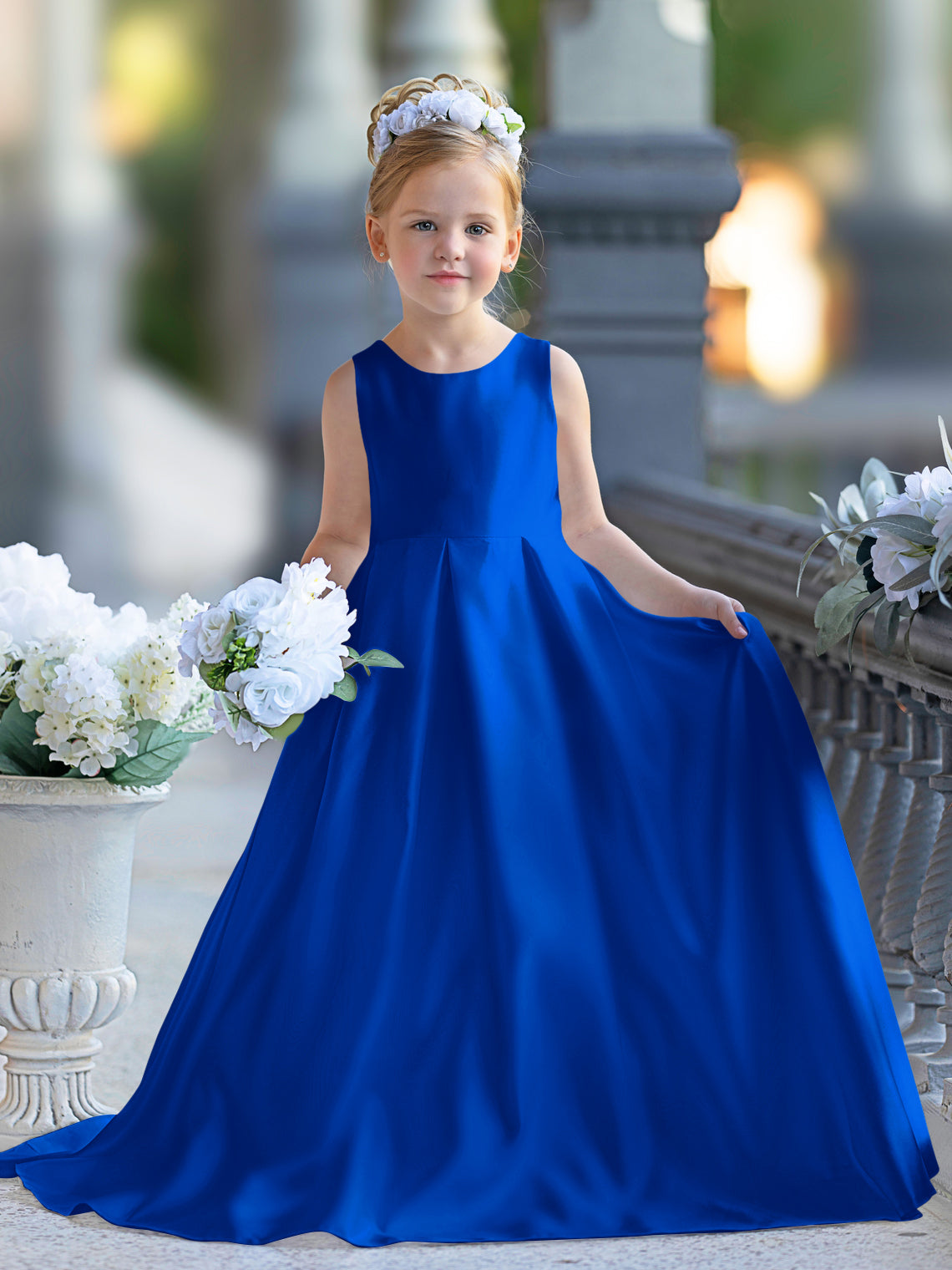 Vestido de niña de las flores para la Primera Comunión, corte en A, encaje y satén, hasta el suelo 