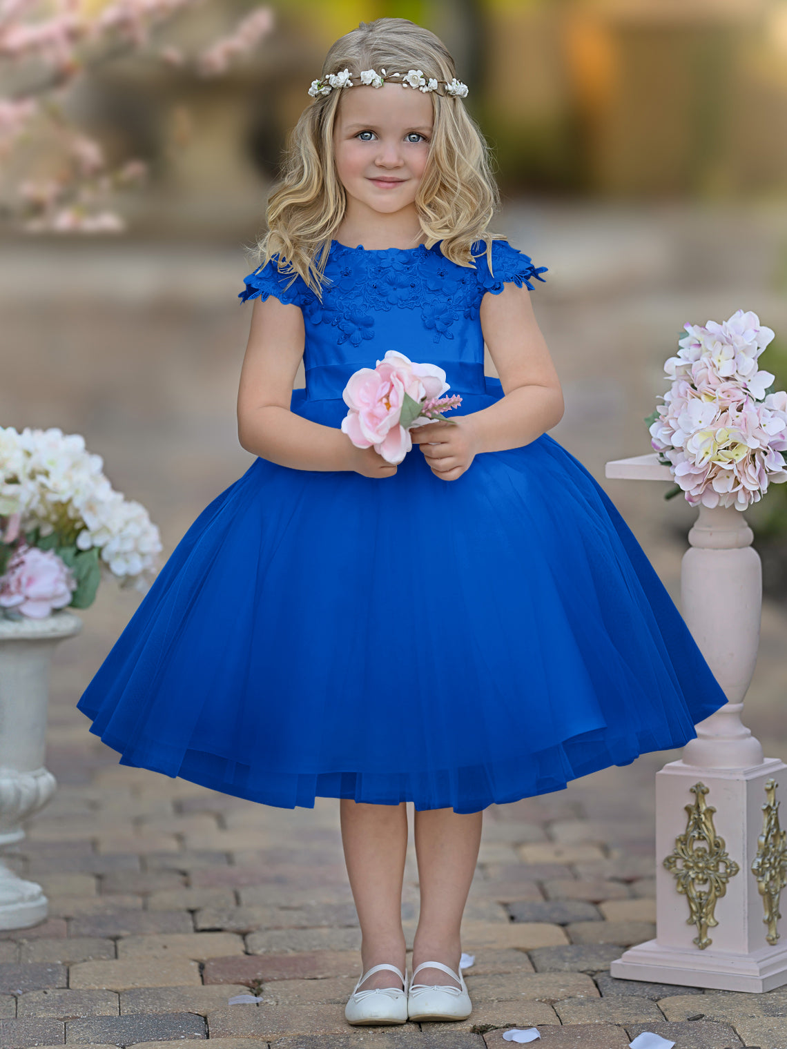 Vestido de niña de las flores de la Primera Comunión, color marfil, de tul satinado hasta la rodilla 
