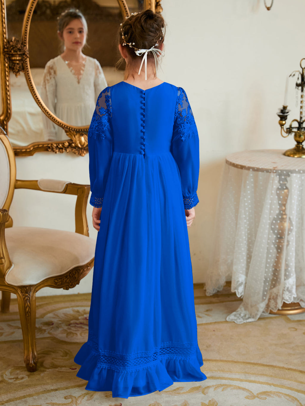 Vestido de Primera Comunión color marfil, corte en A, de gasa hasta el suelo 