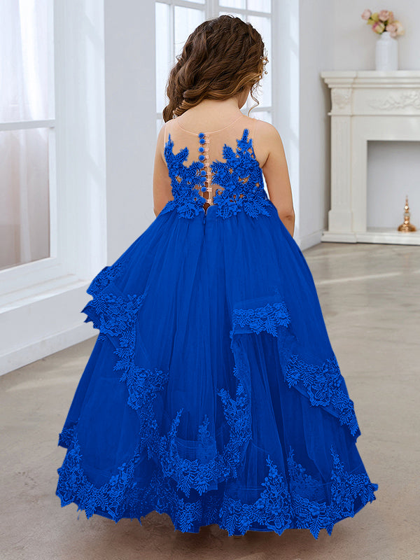 Vestido de princesa sin mangas de tul con apliques de encaje y cola corta para niñas 