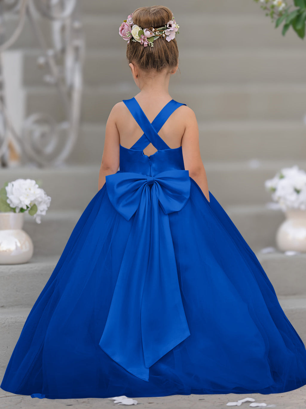Vestido de niña de las flores clásico de corte en A sin mangas en satén y tul 