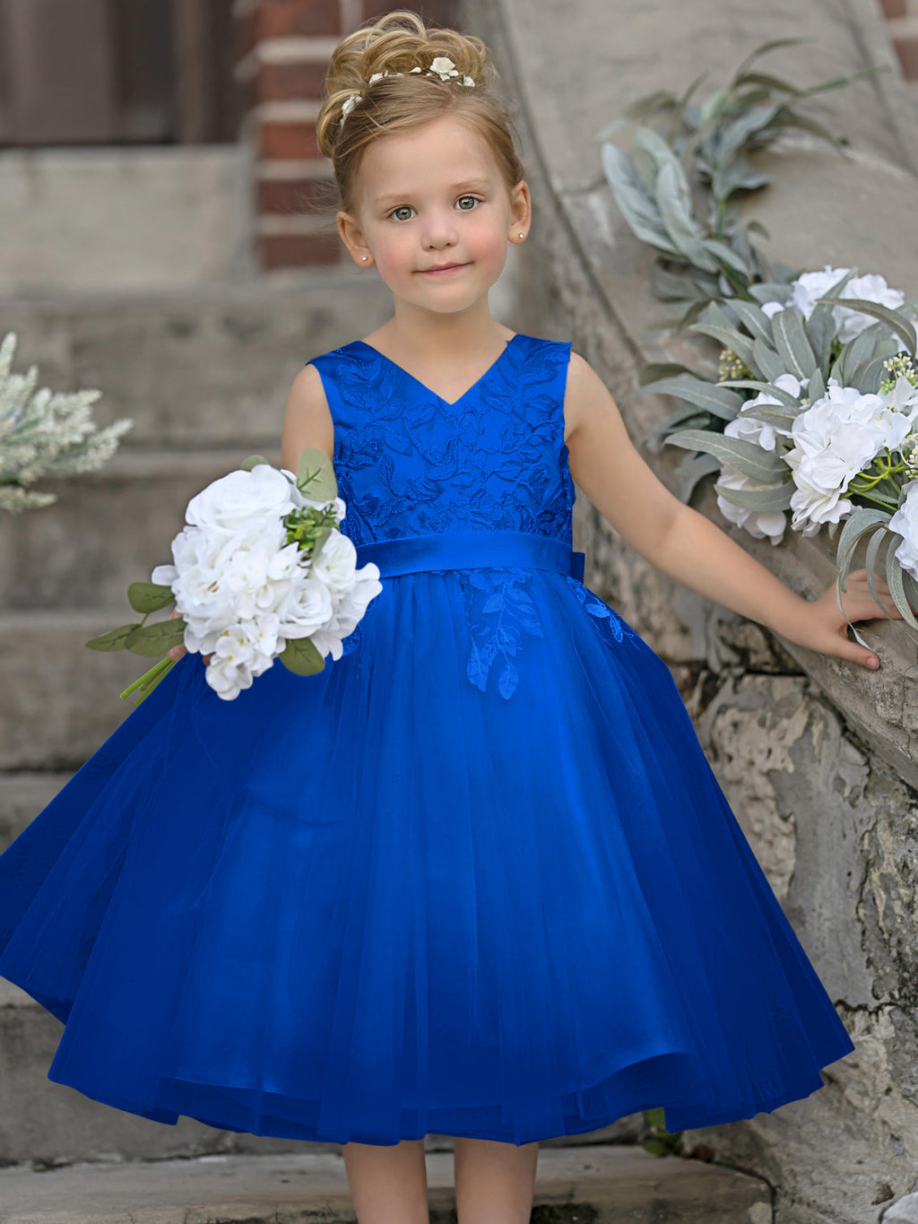 Vestido de niña de las flores sin mangas de tul y encaje hasta la rodilla 