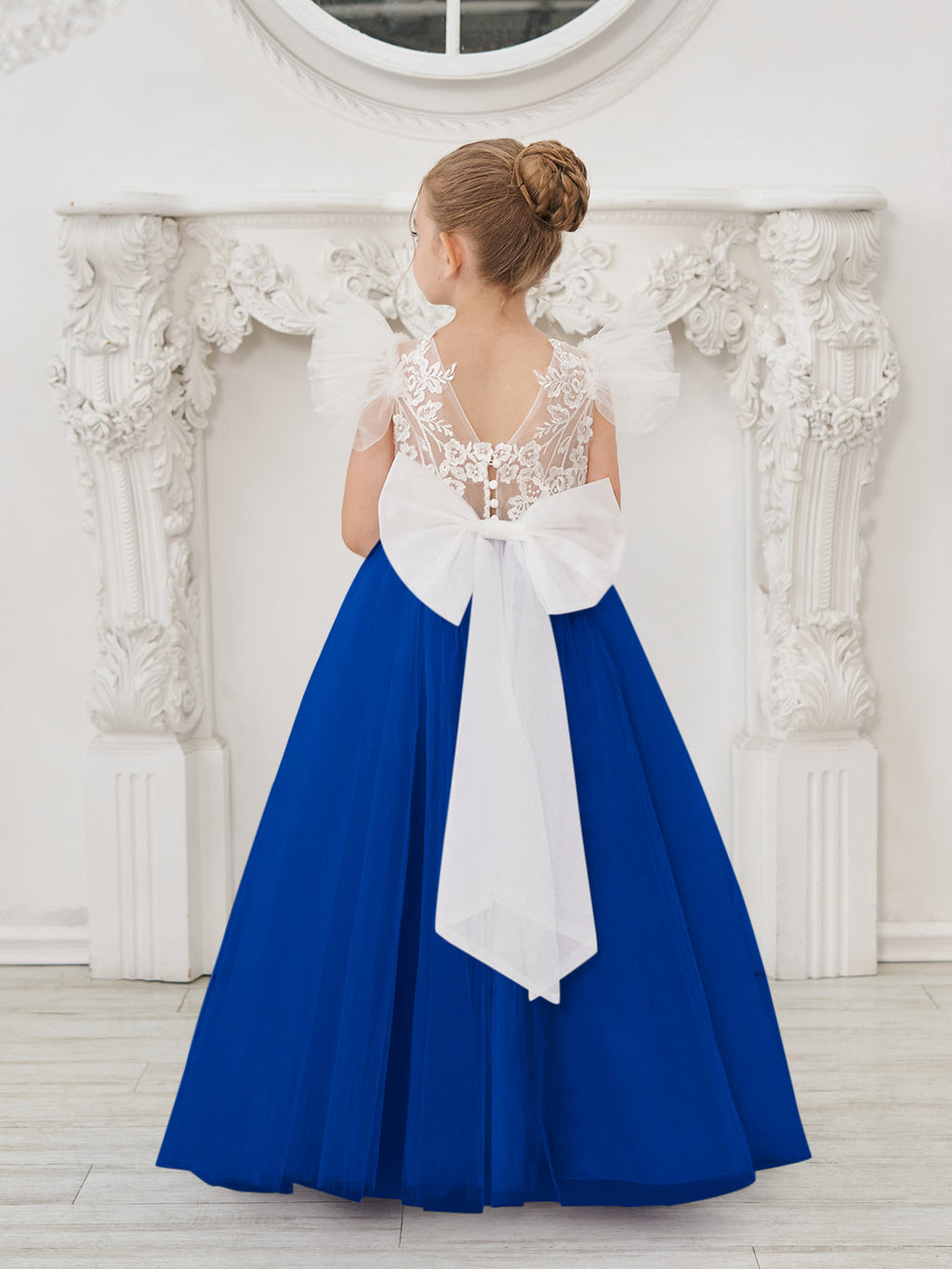 Vestido de niña de las flores con cola de tul y encaje desmontable 