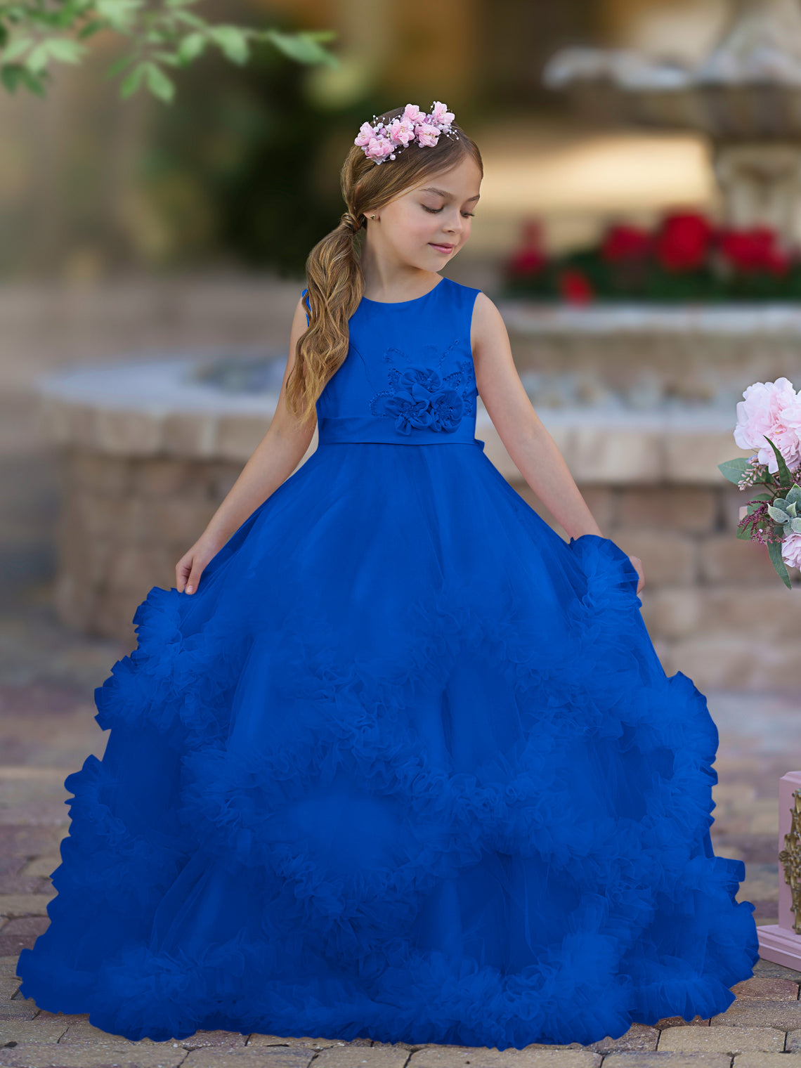Vestido de niña de las flores de corte A, de satén y tul, hasta el suelo, con volantes en cascada. 