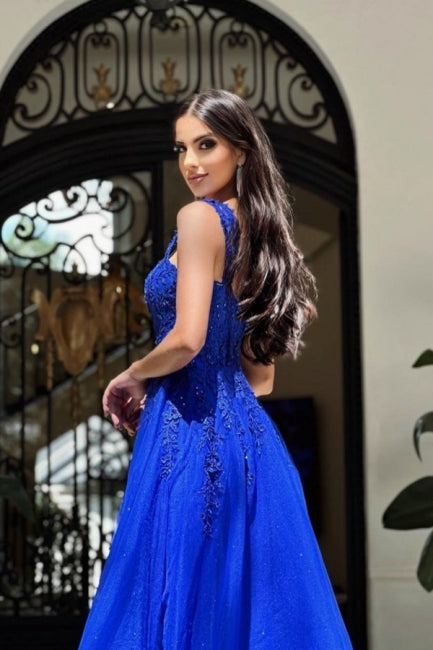 Vestidos de fiesta largos azul marino sin mangas, vestidos de noche de encaje corte A