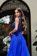 Vestidos de fiesta largos azul marino sin mangas, vestidos de noche de encaje corte A