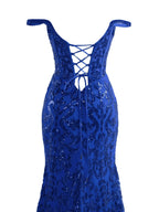 Robe de bal longue fourreau bleu pailleté à sequins avec fente