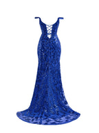 Robe de bal longue fourreau bleu pailleté à sequins avec fente