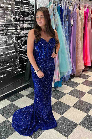 Vestido largo de fiesta de lentejuelas azul claro estilo sirena con escote corazón