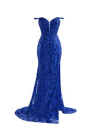 Robe de bal longue fourreau bleu pailleté à sequins avec fente