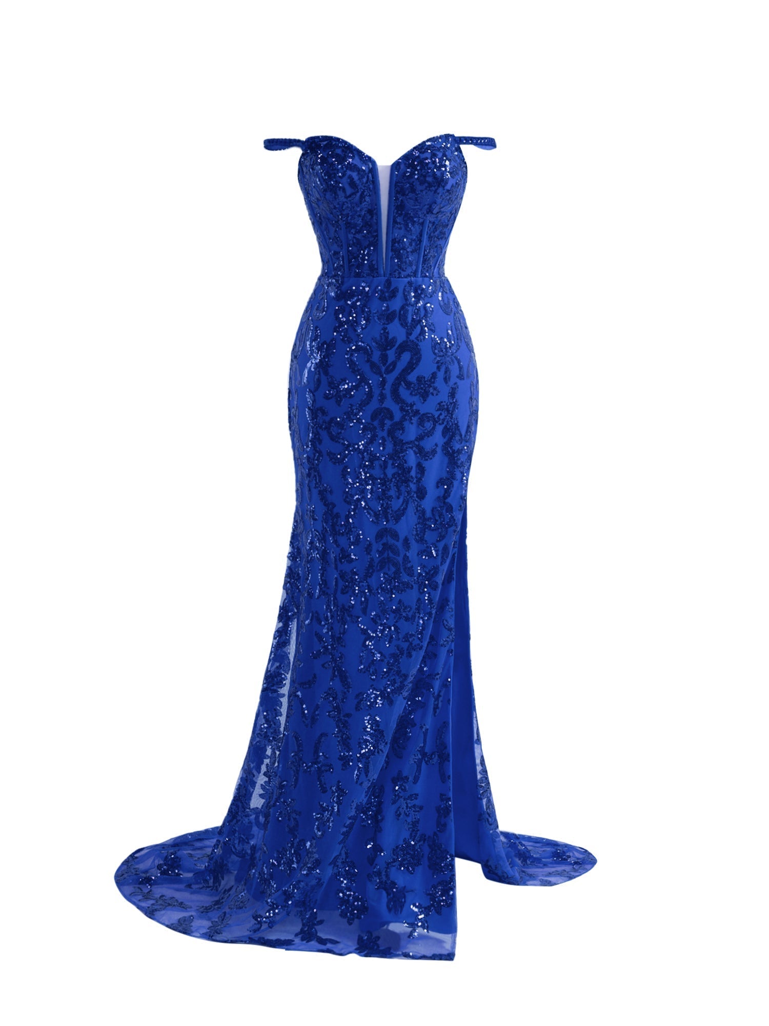 Robe de bal longue fourreau bleu pailleté à sequins avec fente
