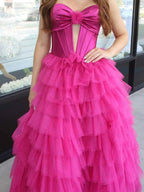 Rozara | Fuchsia A-Line Sweetheart Keyhole Tiered Tulle Long Prom Dresses