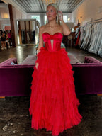 Rozara | Fuchsia A-Line Sweetheart Keyhole Tiered Tulle Long Prom Dresses