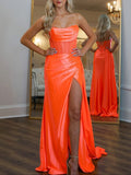 Rue | Robe de bal longue orange sirène à col rond et fente 