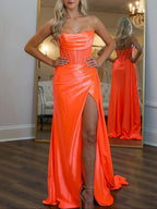 Rue | Robe de bal longue orange sirène à col rond et fente 