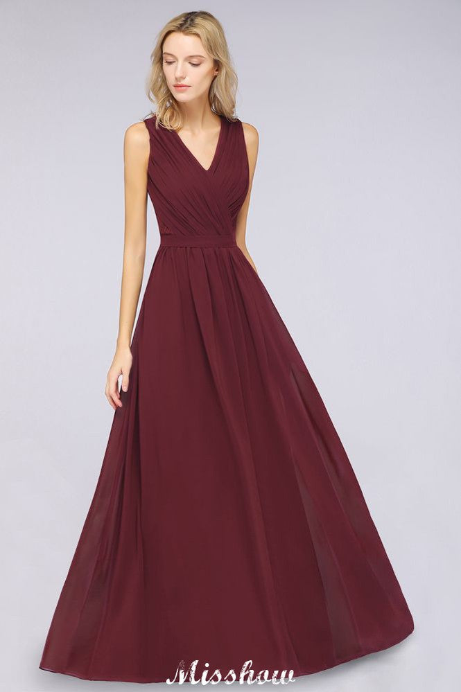 Vestido de dama de honor largo hasta el suelo, corte en A, con volantes, de gasa y encaje, con escote en V.