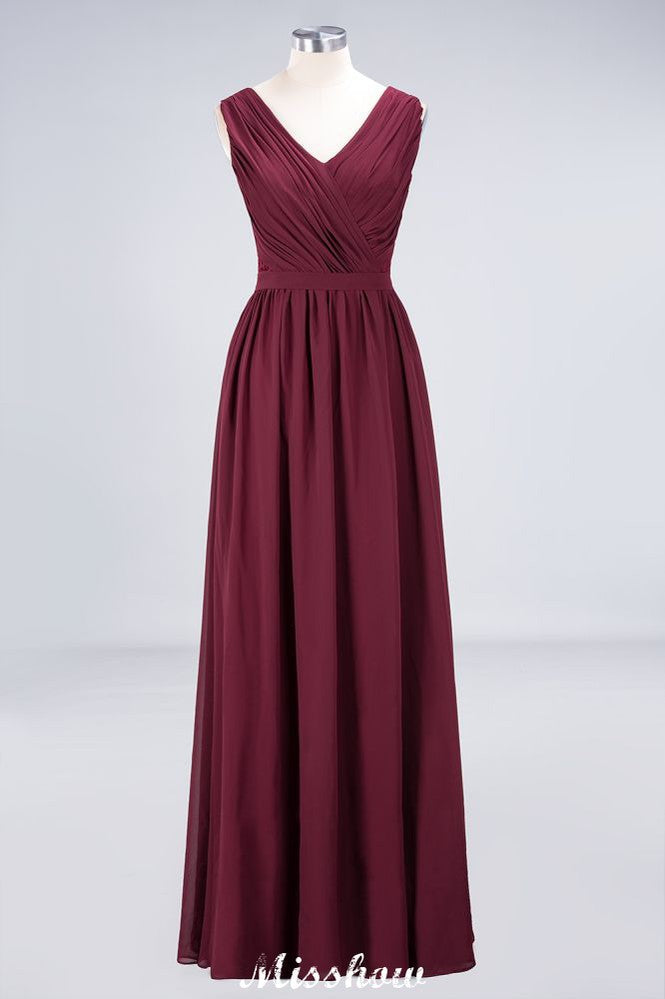 Vestido de dama de honor largo hasta el suelo, corte en A, con volantes, de gasa y encaje, con escote en V.